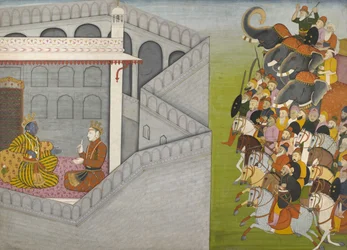 Le Siège de Mathura par Jarasandha de la série Guler-Basholi Bhagavata Purana